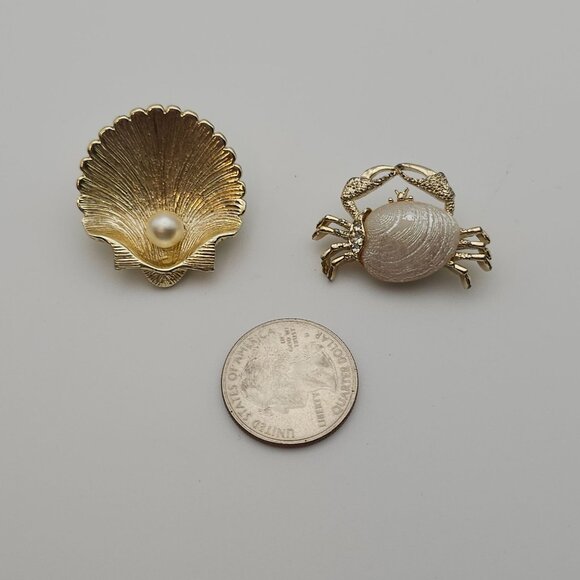 Vtg Gold Tone Shell & Crab Brooch Set Faux Pearl Beach Ocean Cancer Zodiac July - Picture 12 of 16